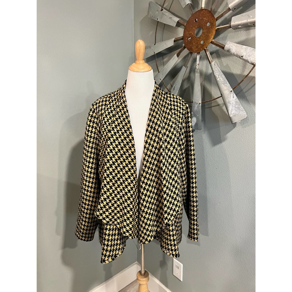 Vintage Coldwater Creek Tan & Black Houndstooth Open Front Cardigan NWT|}